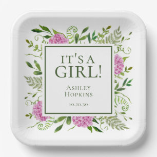 It's A Girl Pink Hydrangeas Girl Baby Shower Paper Plates