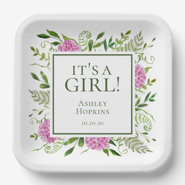 It's A Girl Pink Hydrangeas Girl Baby Shower Paper Plates (Front)