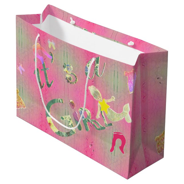 "It's a girl" Pink Illustrated Floral Font Lrg. Large Gift Bag (Front Angled)