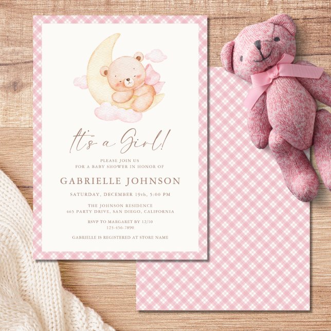 It's a Girl Pink Moon Bear Baby Shower Invitation (Creator Uploaded)