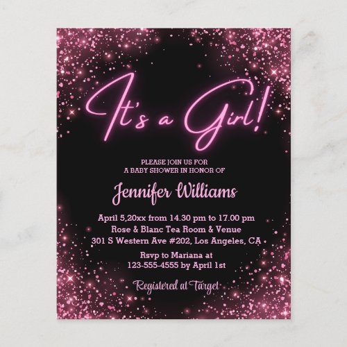 its a girl pink neon  baby shower invitation 