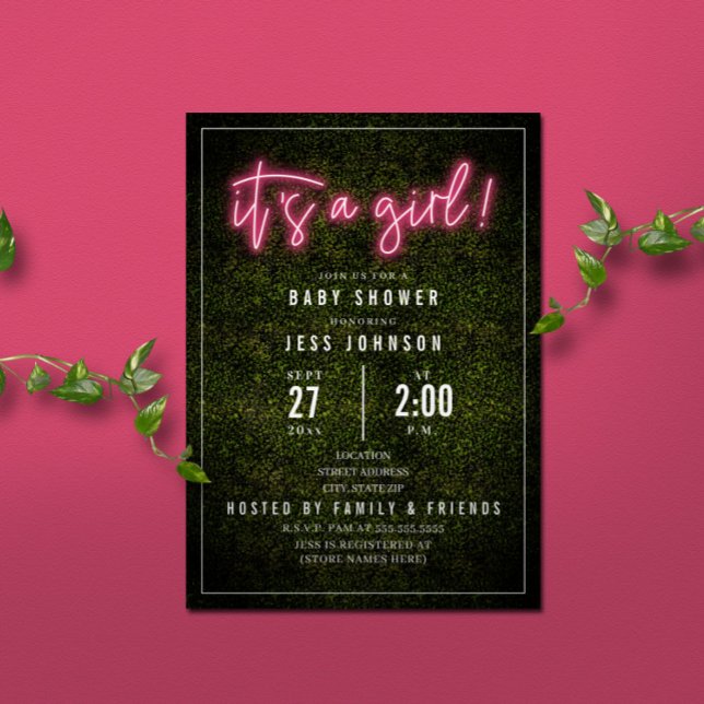 It's A Girl Pink Neon Boxwood Baby Shower Invitation (Creator Uploaded)