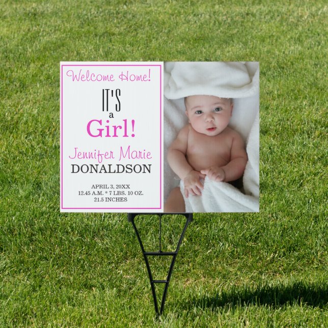 It's a Girl! Pink Photo Welcome Home Baby Yard Sign (Insitu)