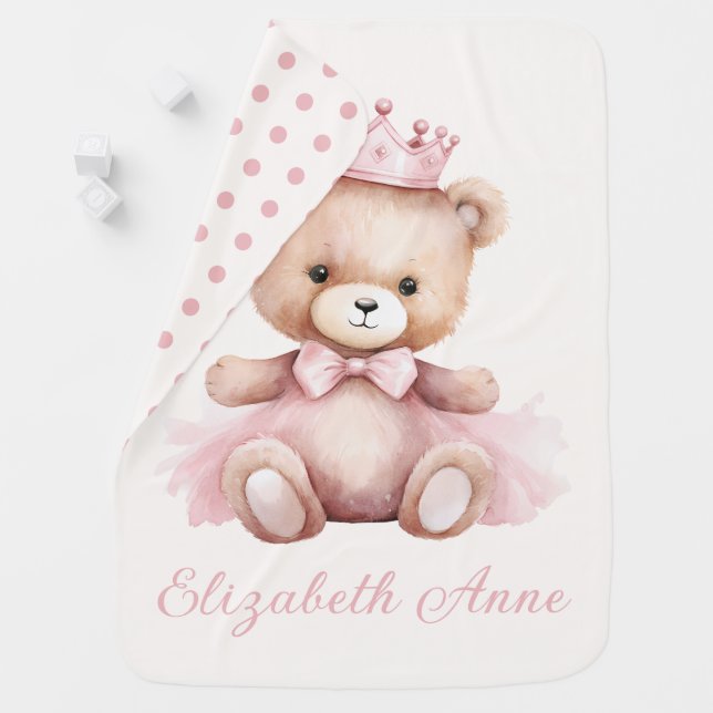 It's A Girl Pink Princess Bear Personalized Baby Blanket (In Situ)