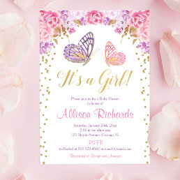 It&#39;s a girl pink purple gold elegant butterfly invitation