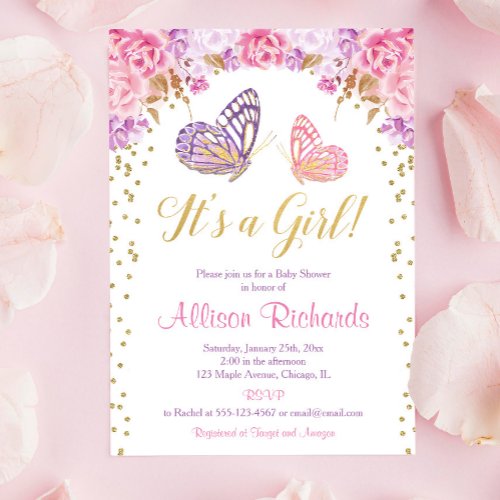 Its a girl pink purple gold elegant butterfly invitation