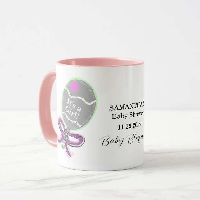 It's a Girl Pink Rattle Baby Shower Name Mug (Front Left)