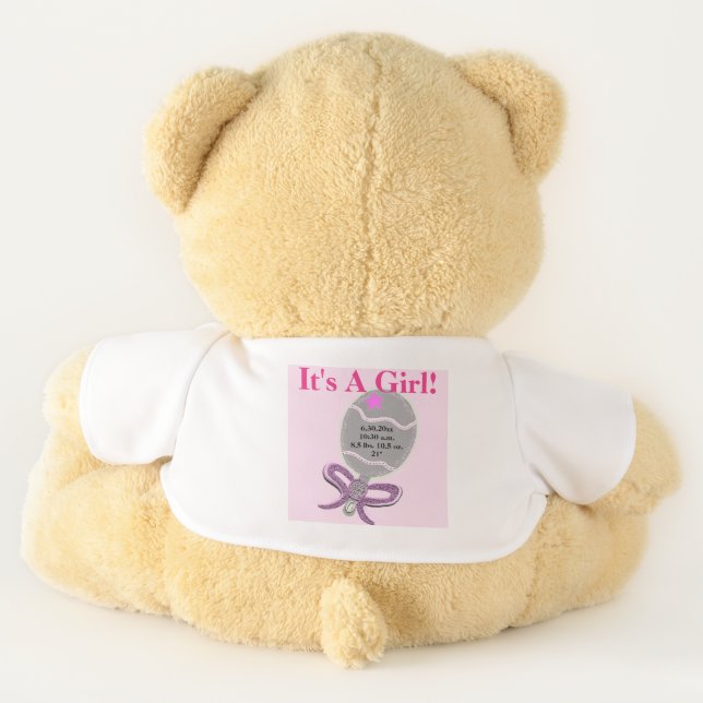It's a Girl Pink Rattle Name Birth Stats Teddy Bear (Back)