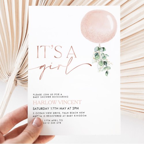 Its A Girl Pink Rose Gold Baby Shower Invitation