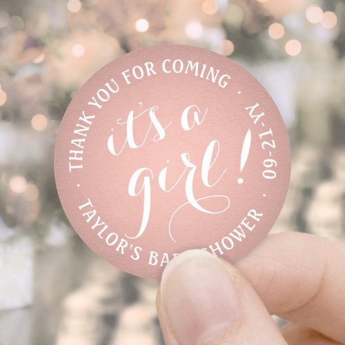 Its a Girl Pink Rose Gold Faux Foil Baby Shower Classic Round Sticker