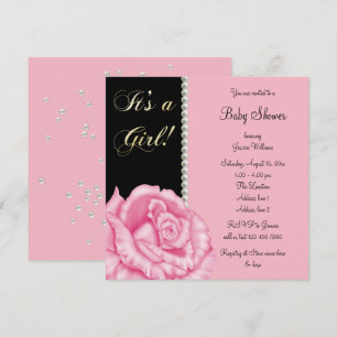 "It's A Girl" Pink Rose & Pearls Baby Shower Invitation