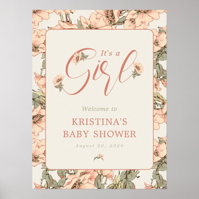 It's a Girl Pink Roses Baby Shower Welcome Poster (Front)