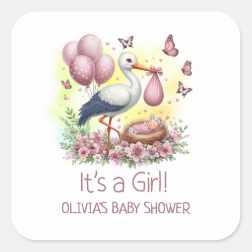 Its a Girl Pink Stork Baby Shower Square Sticker