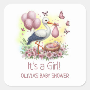It's a Girl Pink Stork Baby Shower Square Sticker