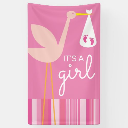 Its A Girl  Pink Stripes  Stork Banner