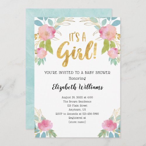 Its A Girl Pink Teal Gold Watercolor Baby Shower Invitation