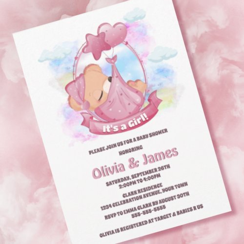 Its a Girl Pink Teddy Bear Balloons Baby Shower Invitation