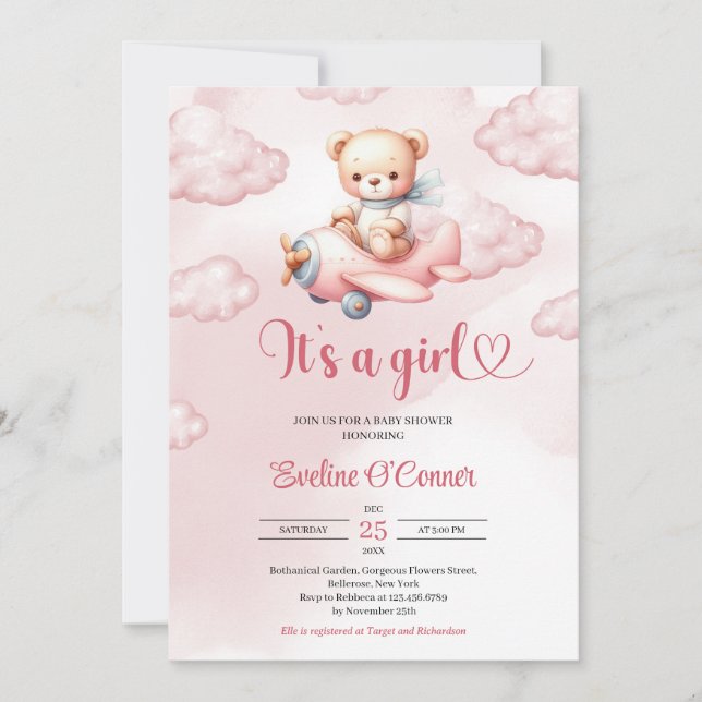 It's a Girl pink teddy bear pilot with airplane Invitation (Front)
