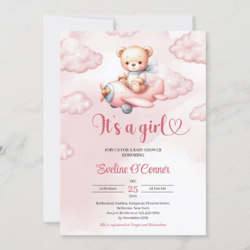 Its a Girl pink teddy bear pilot with airplane Invitation