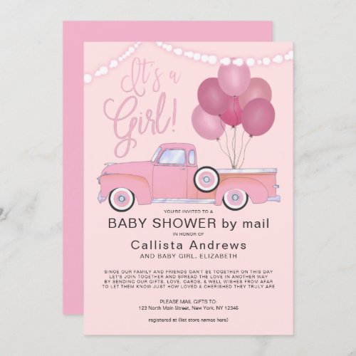 Its a Girl Pink Truck Balloons Lights Baby Shower Invitation