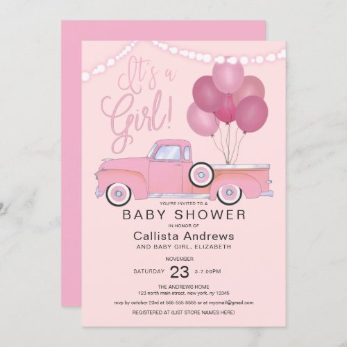 Its a Girl Pink Truck Balloons Lights Baby Shower Invitation