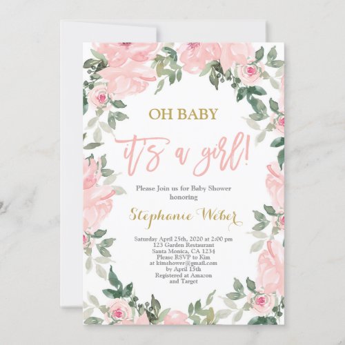 Its a Girl pink watercolor flora Baby shower girl Invitation