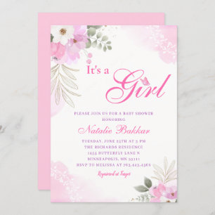 Its A Girl Pink Watercolor Floral Baby Girl Shower Invitation