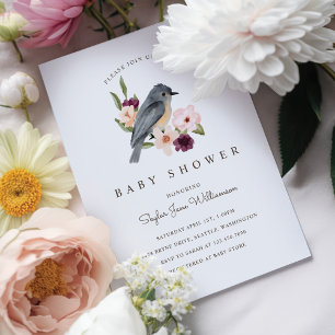 It's A Girl Pink Watercolor Florals & Little Bird Invitation