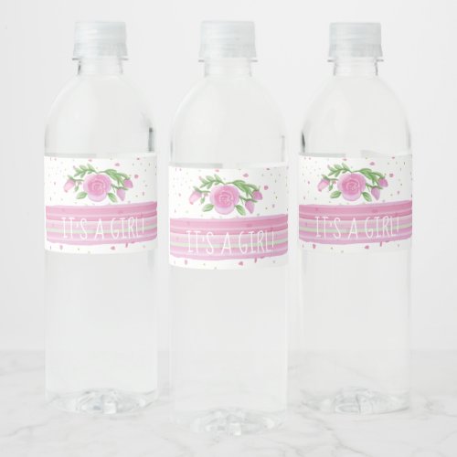 Its a Girl Pink Watercolor Roses Baby Shower Water Bottle Label