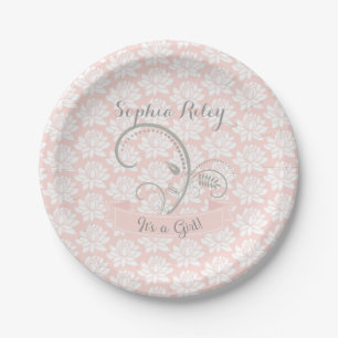 It's a Girl Pink White Gray Personalize Customize Paper Plates