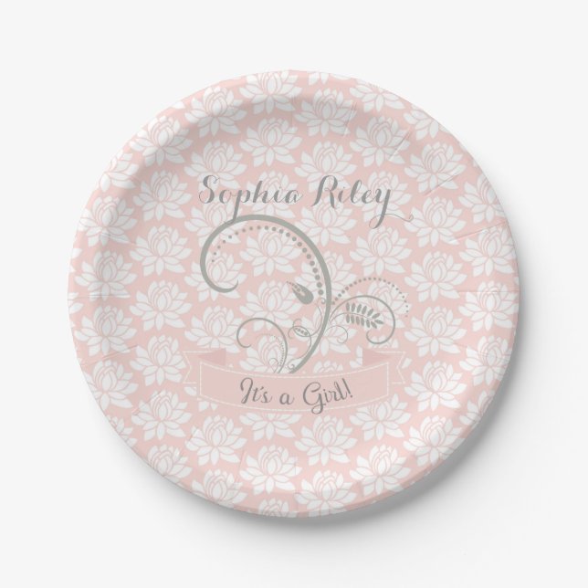 It's a Girl Pink White Gray Personalize Customize Paper Plates (Front)