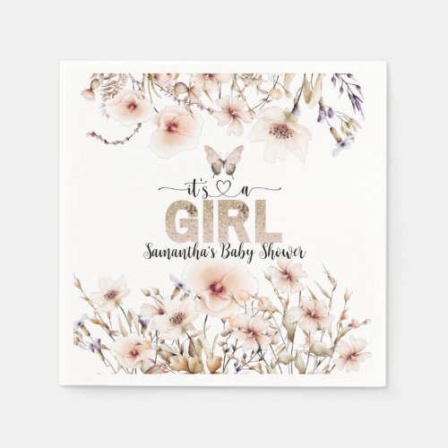 Its a Girl Pink wildflower butterfly Baby Shower Napkins