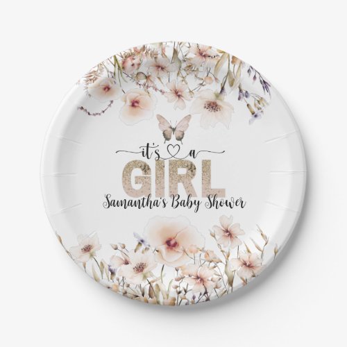 Its a Girl Pink wildflower butterfly Baby Shower Paper Plates