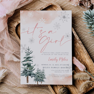 It's a Girl Pink Winter Baby Shower Invitation