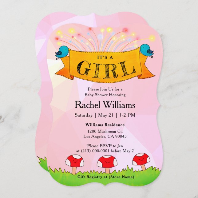 It's a GIRL - Pink with Fireworks Baby Shower Card (Front/Back)
