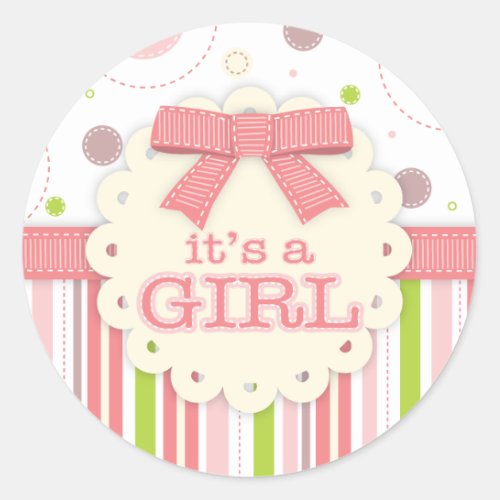 Its a Girl Pinks  Green Stitches Baby Shower Classic Round Sticker