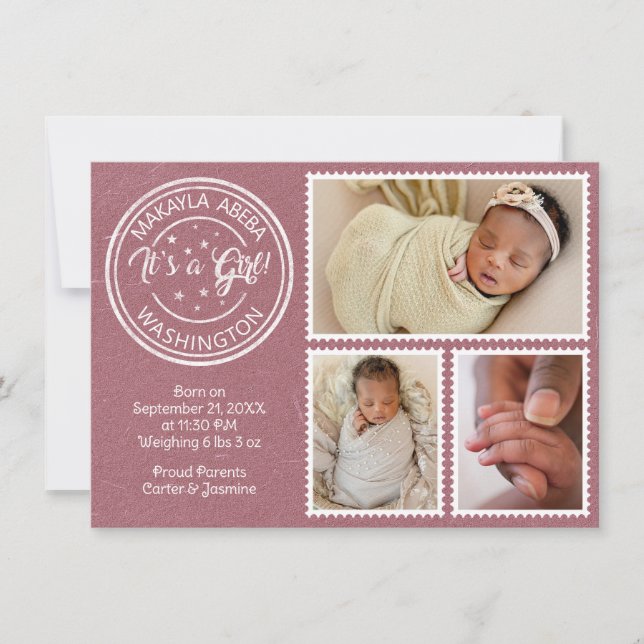 It's a Girl! Postage Stamps Announcement (Front)