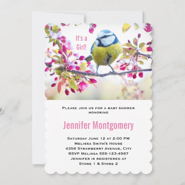 It's a Girl Pretty Blue Bird Springtime Baby Showe Invitation (Front)