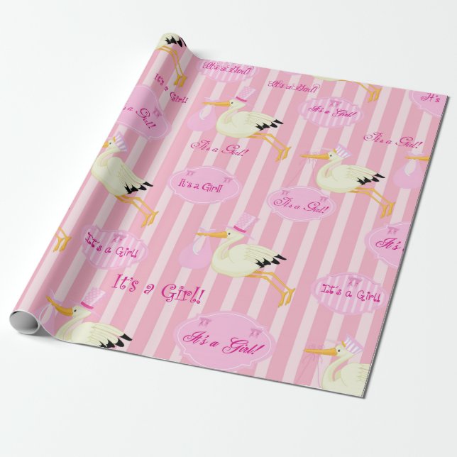 Its a girl pretty pink stork theme wrapping paper (Unrolled)