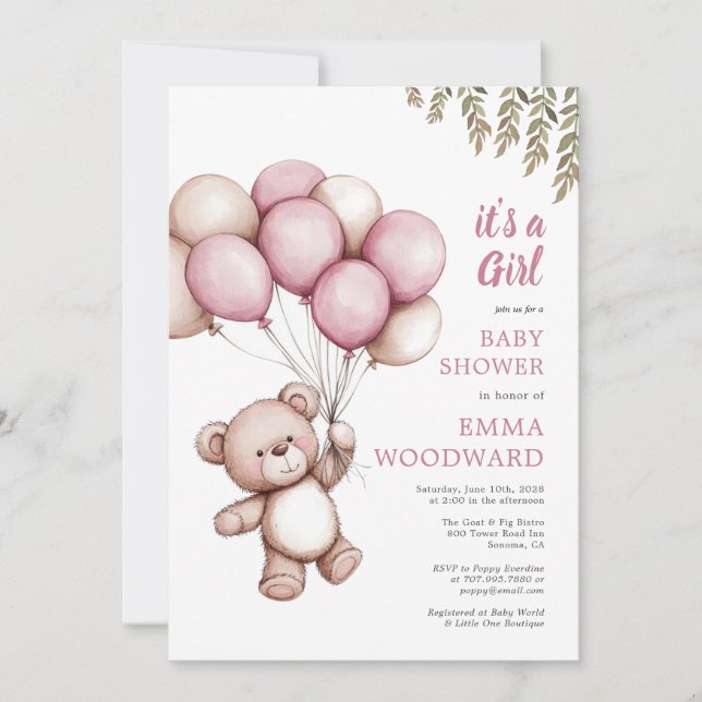 It's A Girl Puppy Balloon Baby Shower Invitation (Front)