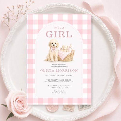 It's a Girl Puppy Dog Gingham Baby Shower Invitation