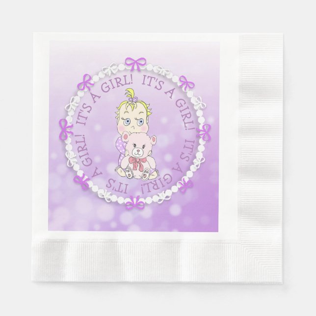 It's a Girl Purple Baby and Teddy Bear Baby Shower Napkins (Front)