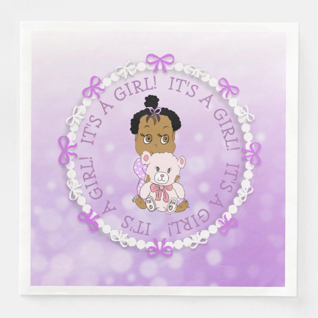 It's a Girl Purple Baby and Teddy Bear Baby Shower Paper Dinner Napkins (Front)