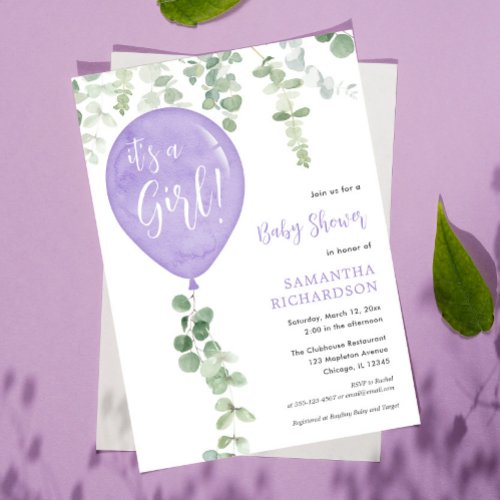 Its a girl purple balloons eucalyptus baby shower invitation