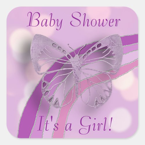Its a Girl Purple Butterfly and Rainbow Square Sticker