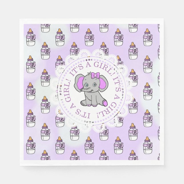It's a Girl, Purple Elephant Baby shower Napkins (Front)