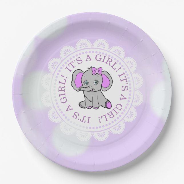 It's a Girl, Purple Elephant Themed Baby shower Paper Plates (Front)