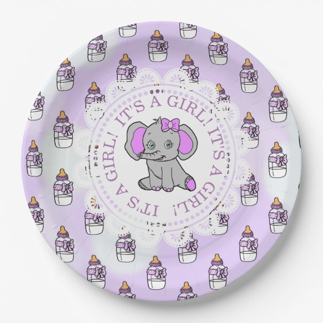 It's a Girl, Purple Elephant Themed Baby shower Paper Plates (Front)