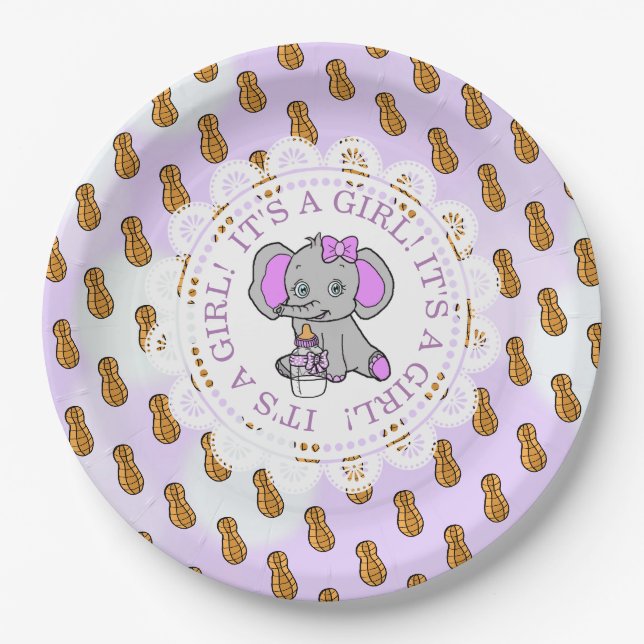 It's a Girl, Purple Elephant  Themed Baby shower Paper Plates (Front)