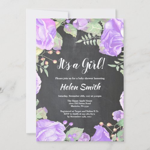 Its A Girl Purple Floral Baby Shower Chalkboard Invitation